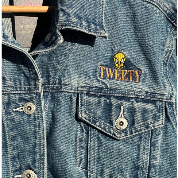 Vintage Tweety Bird Denim Jacket Looney Tunes Embroidered Warner Bros M/L 90s - Picture 4 of 6